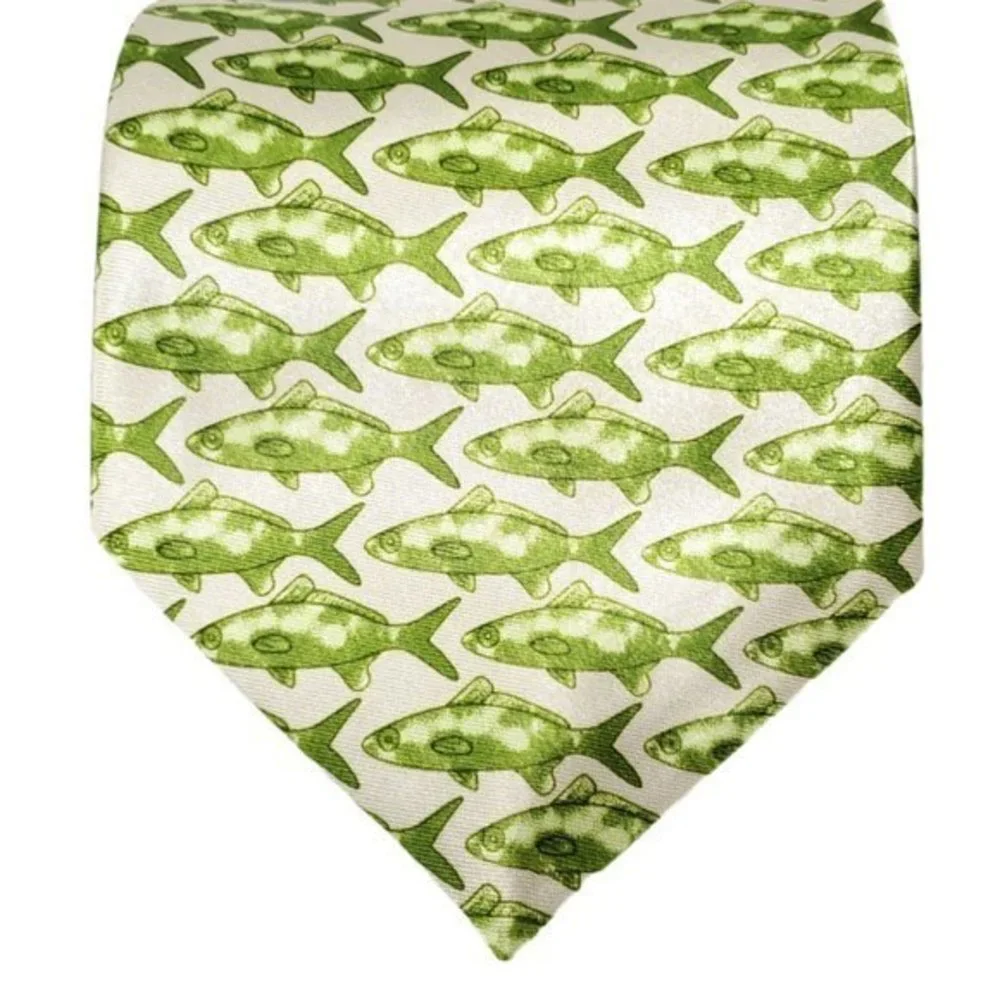 Fish Pattern Tie Necktie Green Ivory‎ Fishing Hunting Sports
